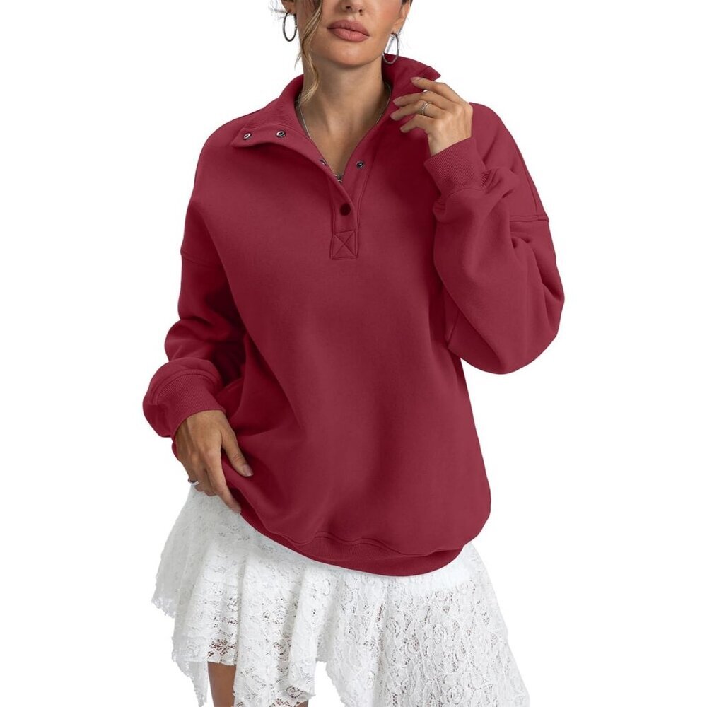 Women's Wine Red Sweatshirts Trendy Tops Fleece Henley Neck Long Sleeve Button